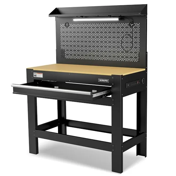 WorkPro 45" Workbench w/ Pegboard, Power Outlet & LED Light